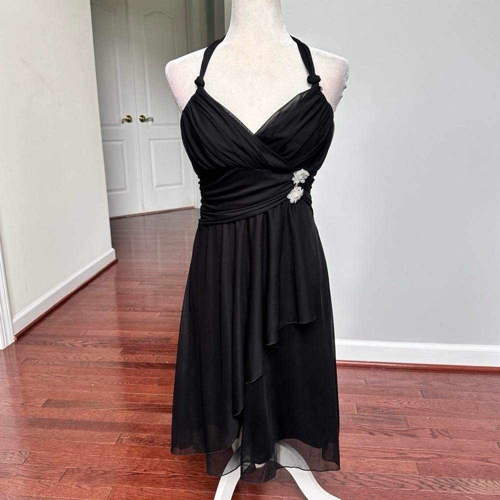 Byer Wear Too! Black Halter Sexy Layered Plunge 3D Faux Pearl Cocktail Dress